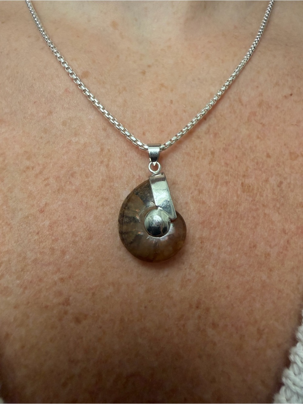 Vintage Sterling Silver Brown Ammonite Shell Pendant